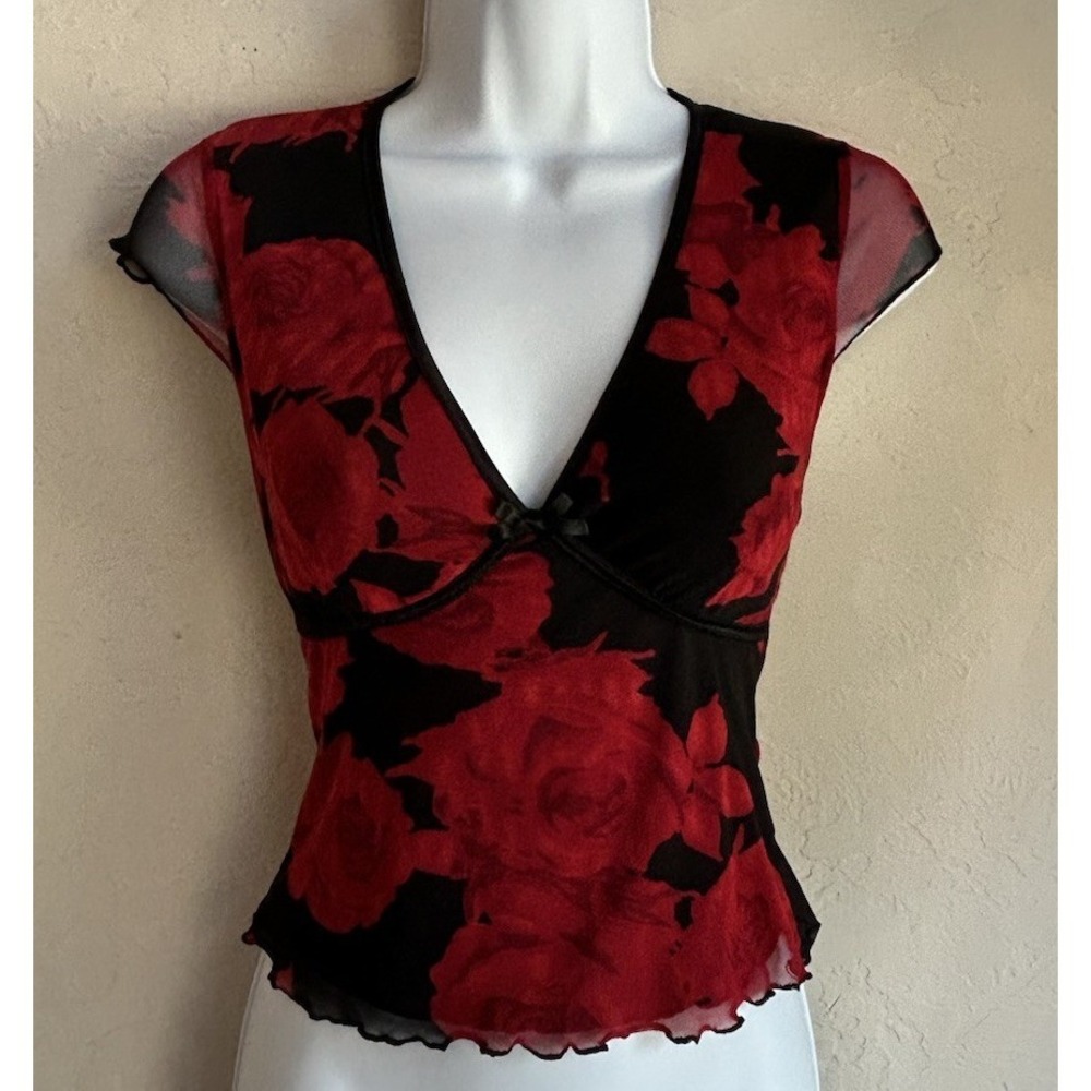 Y2K Honey Sparkle Rose Mesh Babydoll Top M Cropped Goth Fairy Grunge Whimsigoth